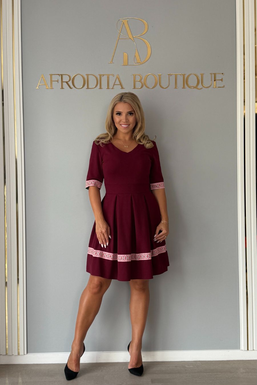 Rochie Nicoleta brau rosu pliuri bordo