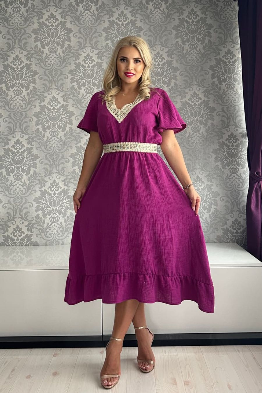 Rochie Zaira muselina brau cristale mov