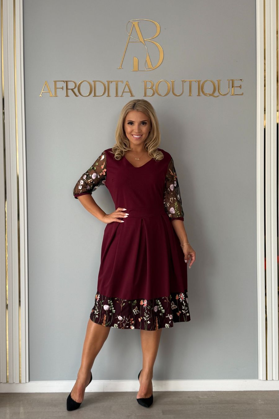 Rochie Floris pliuri bordo